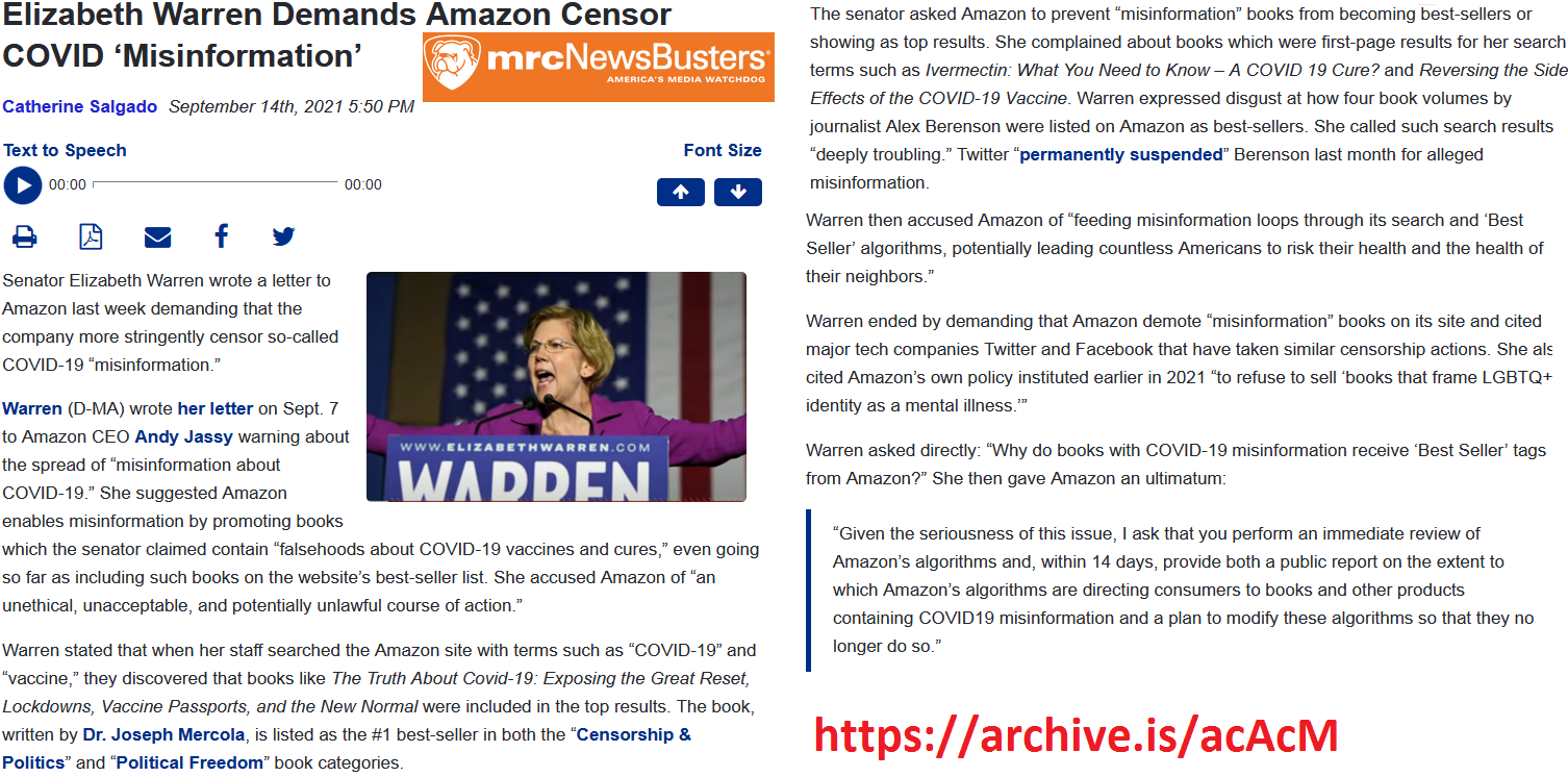 .Elizabeth Warren Demands Amazon Censor and Pull Books over Covid ''Misinformation''.png